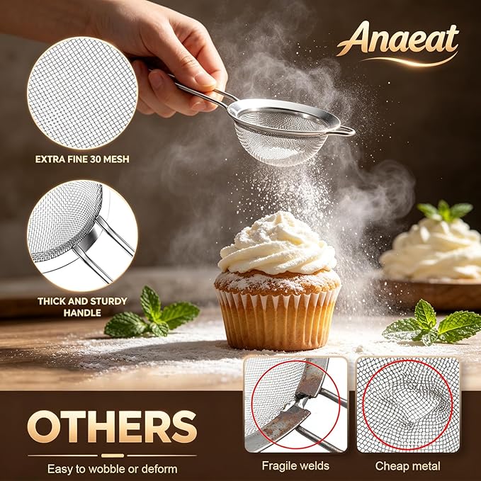 Anaeat Fine Mesh Strainers - Premium Stainless Steel Colander Sieve Sifters, with Durable Mesh and Sturdy Handle, Excellent for Sifting Dry ingredients, Flour, Pastas, Rice, Tea (7.87"）