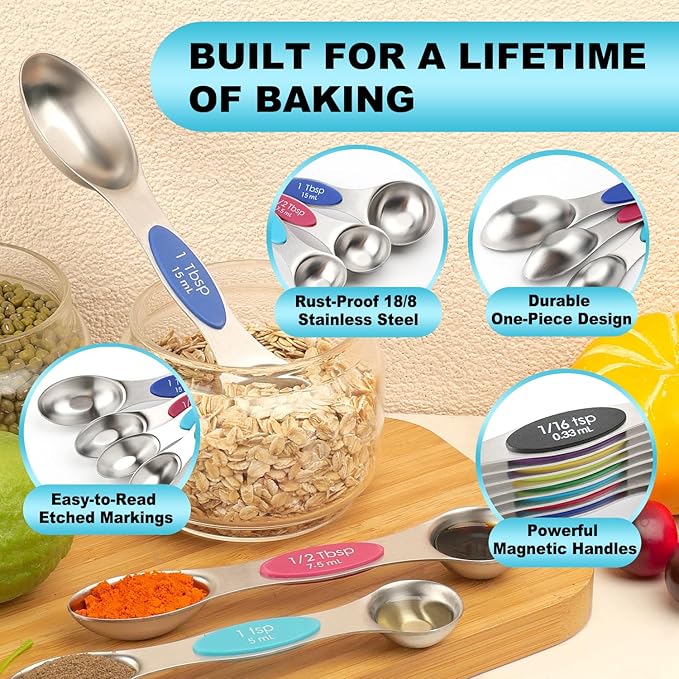 Magnetic Measuring Spoons Set of 9 with Leveler, Color-Coded Dual Sided Stainless Steel Measuring Spoon Set, Stackable Teaspoon and Tablespoon Set for Baking, Cooking, Kitchen Gadgets Dishwasher Safe