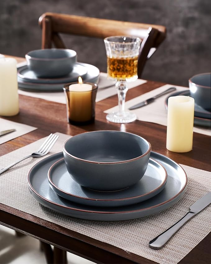 Famiware Mercury Plates and Bowls Sets, 12 Pieces Stoneware Dinnerware Sets, Dishes Set for 4, Microwave and Dishwasher Safe, Charcoal