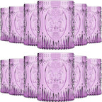 Qinyoung 12 Plastic Vintage Drinking Glasses 8.5oz Stemless Retro Embossed Wine Glasses Shatterproof Reusable Cups for Baby Shower Wedding Reception Grand Event Party (Purple)