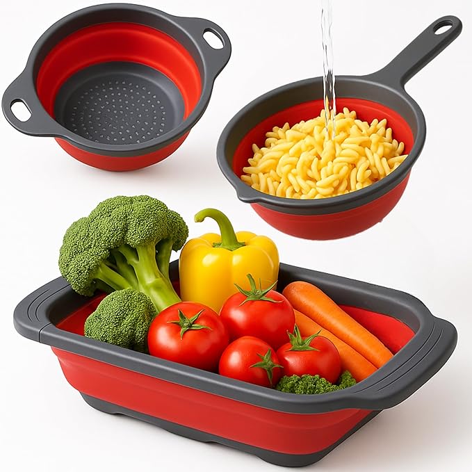 Set of 3 Red Silicone Plastic Kitchen Colanders – Folding Sizes Silicone Collapsible Colander Set Red Plastic Foldable Strainer for Pasta Vegetables Camping Kitchen