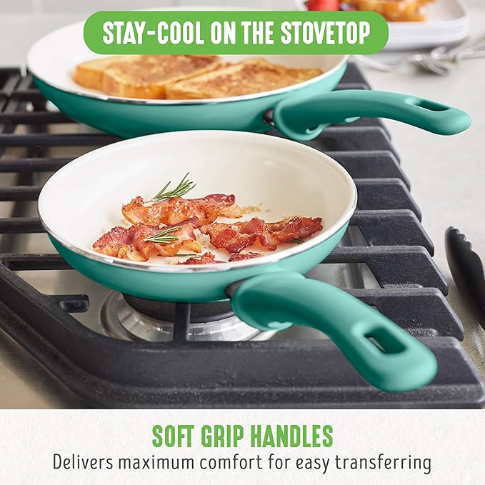 GreenLife Non Stick Fry Pan Set (7" & 10"), Non-Toxic PFAS-Free Ceramic Skillets, Dishwasher & Oven Safe, Egg Omelet Frying Pans, Stay- Cool Handles, Kitchen Home Cooking Essentials, Turquoise