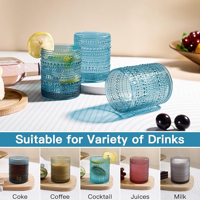 JOVGANK Blue Vintage Hobnail Drinking Glasses Set of 6, Embossed Water Tumbler 12oz, Kitchen & Bar Beaded Glass Cups, Beverage Glass Cups for Water, Beer, Juice, Housewarming and Mother's Day Gift