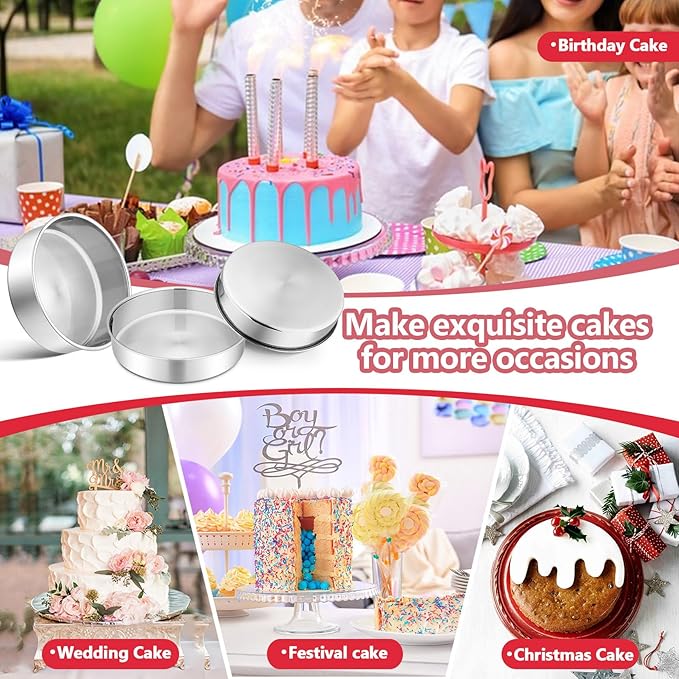 P&P CHEF 8 Inch Round Cake Pan Set of 3, Stainless Steel Round Baking Layer Pans Bakeware for Layer Birthday Cake, Fit Oven/Pots/Pressure Cooker, Leakproof & Dishwasher Safe, Silver