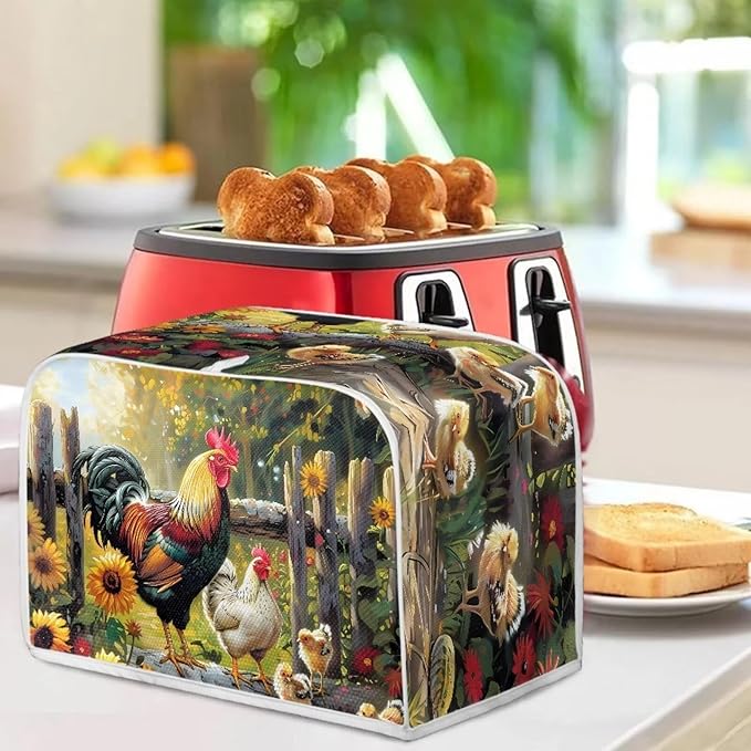 JEOCODY Sunflower Rooster Toaster Oven Covers for Kitchen Polyester Fabric Quilted Toaster Appliance Dust-proof Cover for Small Appliance Dust Cover and Fingerprint Protection Stain Resistant Bag