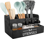 RedCall Extra Large Kitchen Utensils Holder 4 Compartments,Wood Utensil Organizer for Kitchen Countertop,Farmhouse Cooking Utensil Holder with Spice Storage space (Black)
