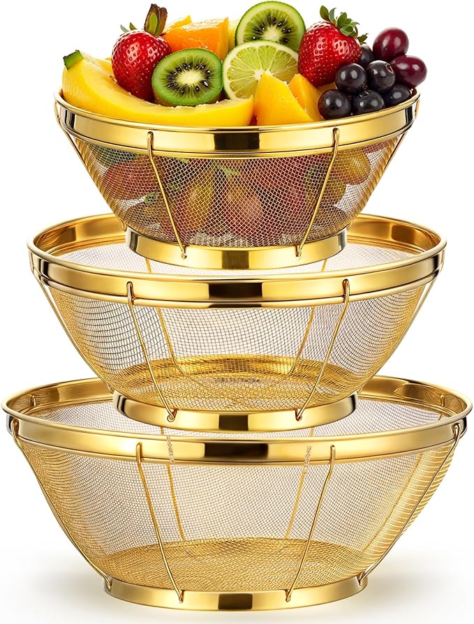 Baderke 3 Pieces Stainless Steel Gold Colander Metal Strainer with Handle Pasta Gold Colander for Kitchen Draining Pasta Rinsing Vegetables Rice Food, 3 Sizes (1.5-3-5 Quart,Novel)
