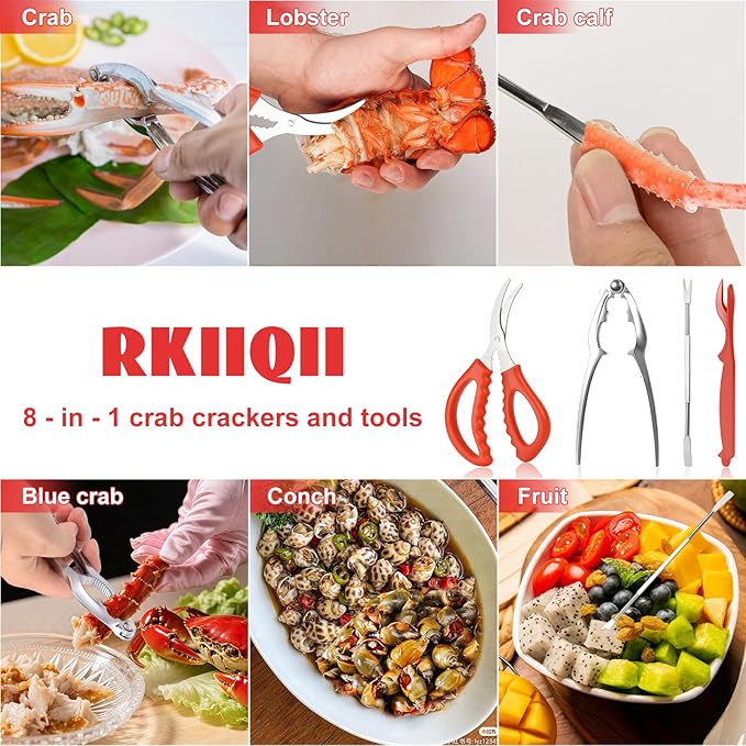 2026 Upgraded 8PCS Seafood Tool Set, Includes 2 Crab Leg Crackers, 2 Stainless Steel Crab Forks, 2 Lobster Shellers, 1 Crab Scissors and 1 Storage Box, Nut Crackers for Crab Legs (8 Pcs)
