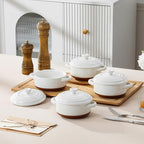 MALACASA Mini Cocotte Set - 12 OZ Small Casserole Dishes for Oven, Ramekins with Lids and Handles, Ceramic Mini Dutch Oven Set of 4, Microwave & Dishwasher Safe, Khaki White, Series TARA