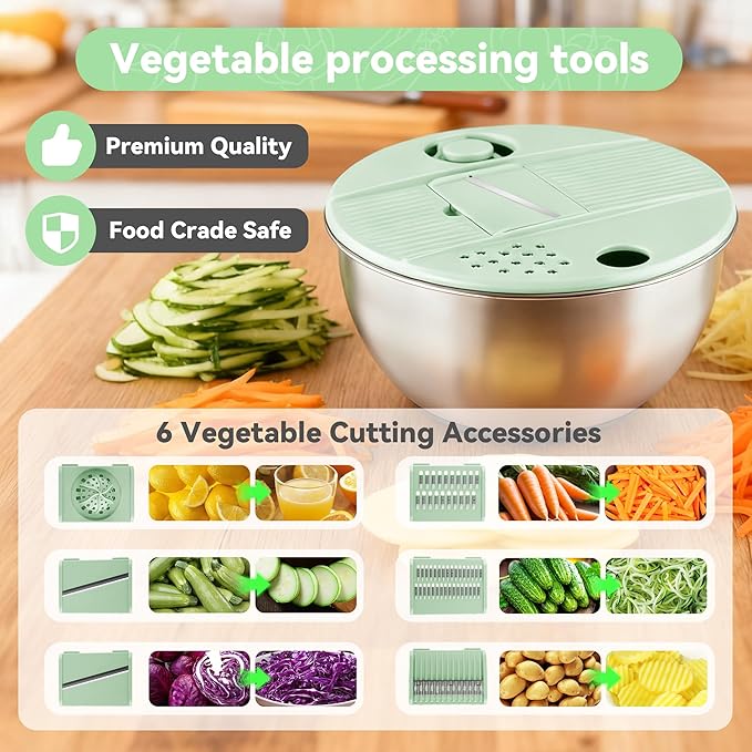 Stainless Steel Salad Spinner,Lettuce Spinner with Non-Slip Base,Vegetables Wash Bowl,Egg Yolk Strainer Slicer Shredder,A Variety of Blades Make it Easy to Chop, BPA Free,Dishwasher Safe.