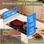 Dual Coils Design of Double Burner Electric Cooktop, 1800W Commercial Ceramic Infrared Cooking Hot Plate, Portable Countertop or 24in Built-in Radiant Stove Top Cooker with WATT n TEMP Heating Control
