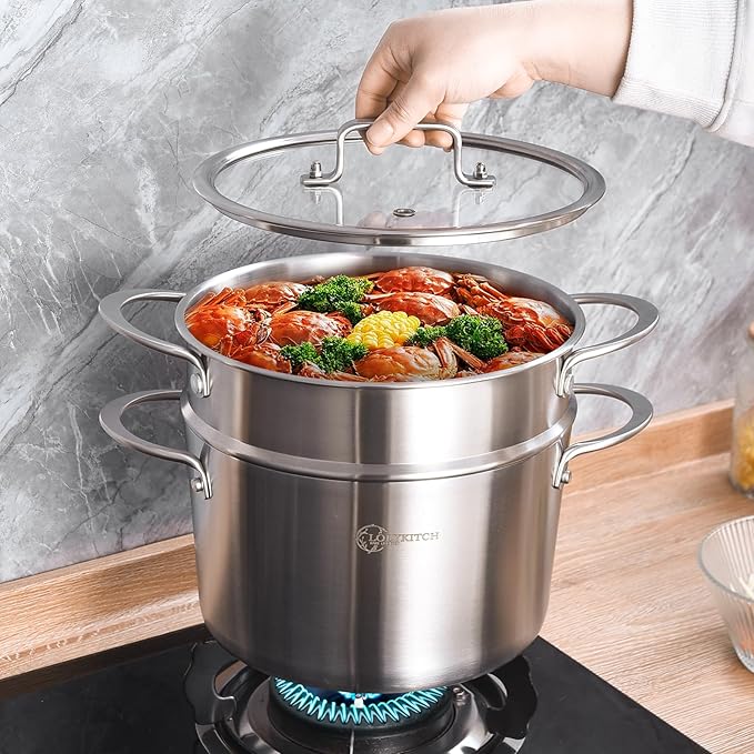 LOLYKITCH 3 Quart Stainless Steel Steamer Pot with Glass Lid, 3-Ply Steaming Pot for Cooking, 2 Tier Induction Steamer Pot for Tamales Seafood Vegetables Dumplings Stock Pot, Thick