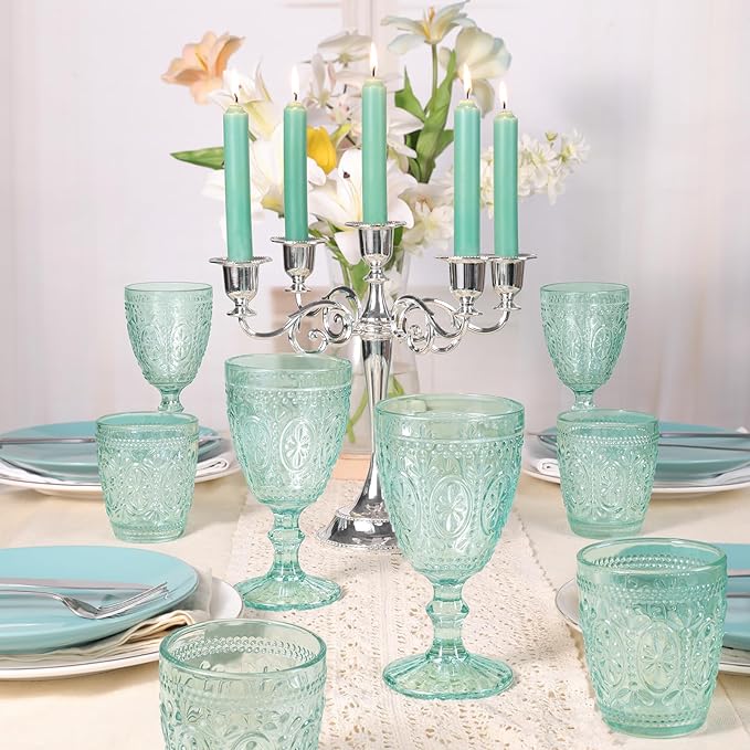 abrwyy Green Drinking Glasses Set of 4, Vintage Drinking Glasses, Green Glassware Drinking, Beverage Glasses Cup, Vintage Glassware Set for Water, Juice, Cocktail, Coffee