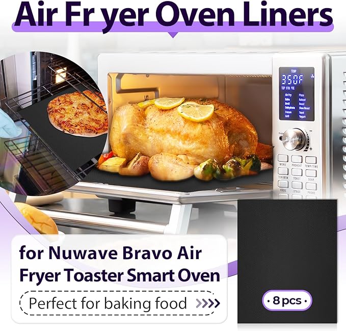 8 PCS Toaster Oven Liner for Nuwave Bravo Air Fryer Toaster Smart Oven, Reusable Teflon Liner, Air Fryer Accessories for Nuwave 12-in-1 30-QT XL Capacity Countertop Convection Oven