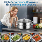 ZENFUN Steamer Pot With Lid 2 Tier, Multipurpose Stainless Steel Steaming Pot, Steam Pots With Handle For Vegetable, Dumpling, Food, 11 Inch（Thickened）