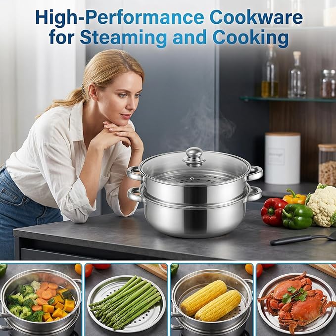 ZENFUN Steamer Pot With Lid 2 Tier, Multipurpose Stainless Steel Steaming Pot, Steam Pots With Handle For Vegetable, Dumpling, Food, 11 Inch（Thickened）