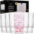 Kitchen Lux Ribbed Drinking Glasses - Ribbed Glass Cups 12 oz - Ribbed Glassware Set of 6 - Textured Vintage Retro Ripple Aesthetic Glass Ware for Whiskey Cocktail Beer Water, Coffee Bar Accessories