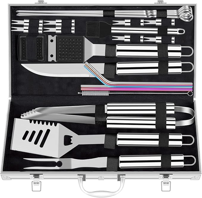 ROMANTICIST 25pcs Extra Thick BBQ Grill Accessories, Christmas Grilling Gifts Set for Men Dad, Heavy Duty Grill Tools Utensils Kit with Spatula, Tongs in Aluminum Case for Birthday Silver