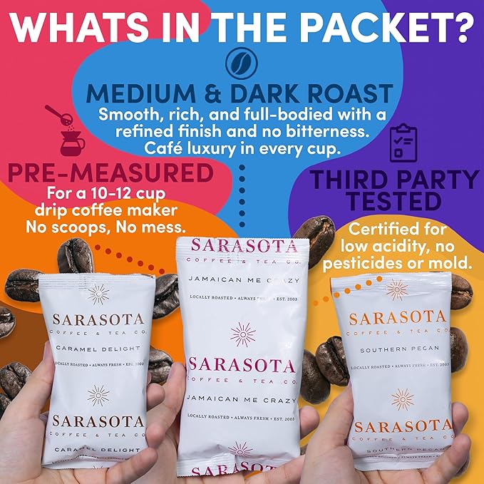 Coffee Packets Sampler – Variety Pack Ground Coffee Gift Set, Medium Dark & Flavored Roast, Low Acid Gourmet Pre-Measured Coffee Packs for 12-Cup Brewers, 2oz Individual Bags, Bulk Assortment