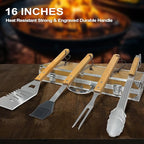 Grilling Accessories Anniversary Christmas Birthday Gifts for Dad, Heavy Duty Wooden BBQ Kit with Apron for Backyard, Thick Stainless Steel Grill Utensils with Non-Slip Handle Tools in Portable Bag