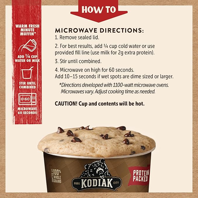 Kodiak Cakes Minute Muffins, Chocolate Chip, 2.36 Ounce (Pack of 12)