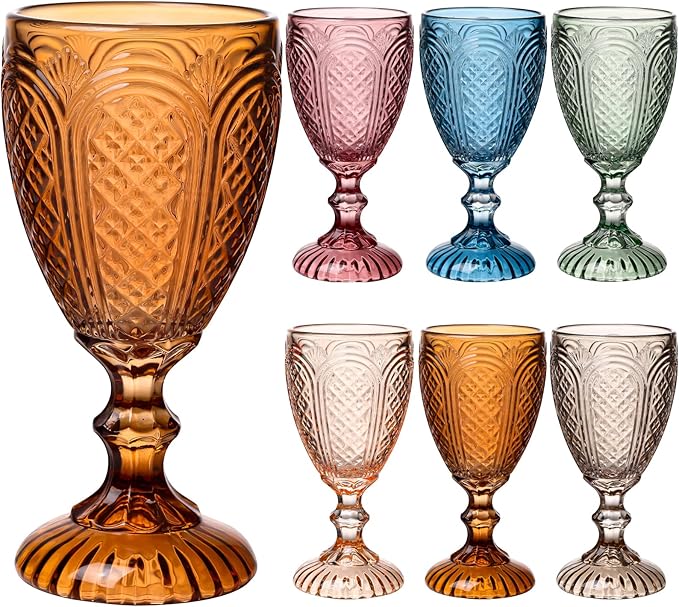 Colored Vintage Wine Glasses Set of 6 – colorful Glass Water Goblets, drinking glasses for Wedding, Holiday, or Fancy Glassware for everyday