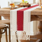 FEXIA Christmas Table Runner for Home Decor with Tassels 72 Inches Long Farmhouse Red Rustic Boho Table Runner Macrame Burlap Table Decoration for Living Room Bridal Shower(12x72 Inches)