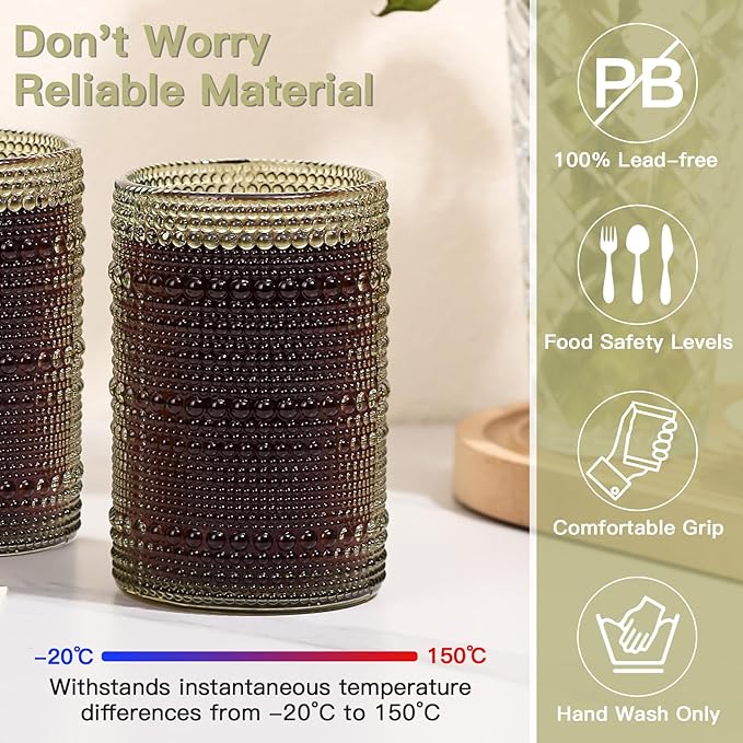 JOVGANK Green Vintage Hobnail Drinking Glasses Set of 6, Water Tumbler 15oz, Kitchen & Bar Beaded Highball Glasses, Beverage Glass Cups for Water, Beer, Juice, Housewarming and Mother's Day Gift