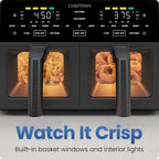 Chefman Dual Air Fryer Oven with DC Motor, 9 Qt. Double Basket Air Fryer with 450°F Max Temp for Meals in Minutes, Bake, Broil, Dehydrate, Reheat for Extra-Crispy Chicken, Fries, and More - Black
