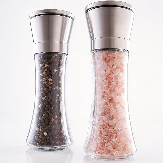 Gorgeous Salt & Pepper Grinder Set — Refillable Stainless Steel & Glass Spice Mill with Adjustable Coarseness - Perfect For Himalayan Or Sea Salts, Fresh Ground Pepper, Or Fresh Spices (2 Pack)