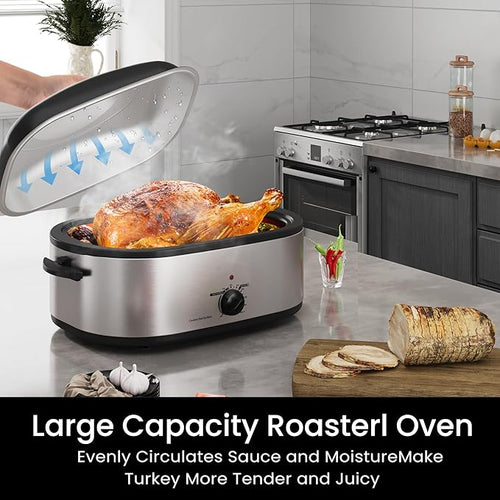 18 Quart Roaster Oven with Self-Basting Lid, Large Electric Turkey Roaster Oven with Defrost & Warm Function, Adjustable Temperature, Removable Pan & Rack, Stainless Steel, Silver