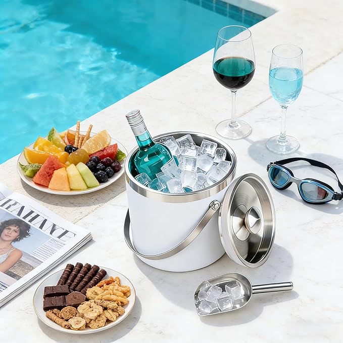 3L Double-Wall Insulated Stainless Steel White Ice Bucket with Scoop for Cocktail Bar - Metal Ice Bucket for Freezer with Lid for Parties,Camping,and More!Champagne Bucket,bar cart Accessories