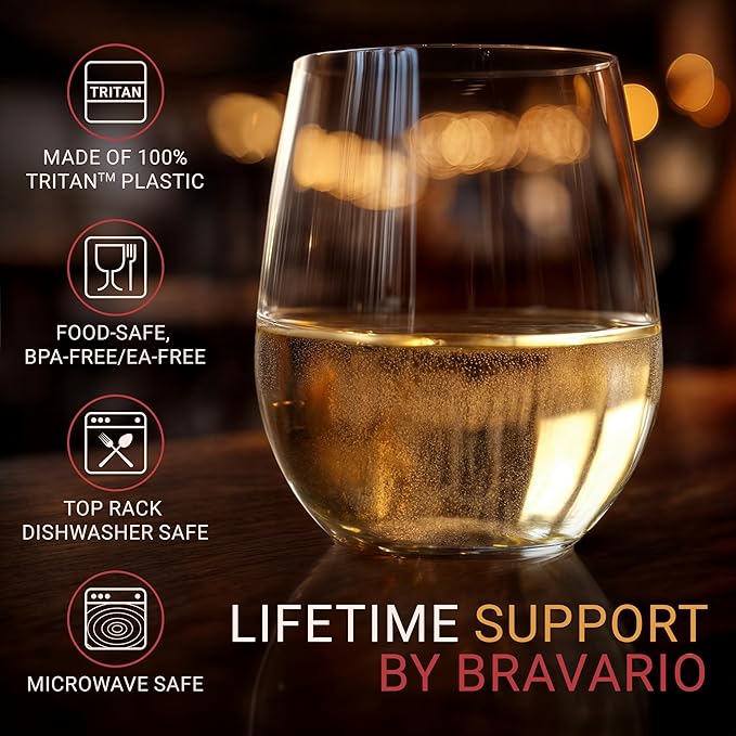 Bravario Unbreakable Stemless Plastic Wine Glasses | Reusable | Shatterproof 100% Tritan Plastic | Dishwasher-Safe | BPA-free | Awesome for Indoor & Outdoor | 20 oz, Set of 8