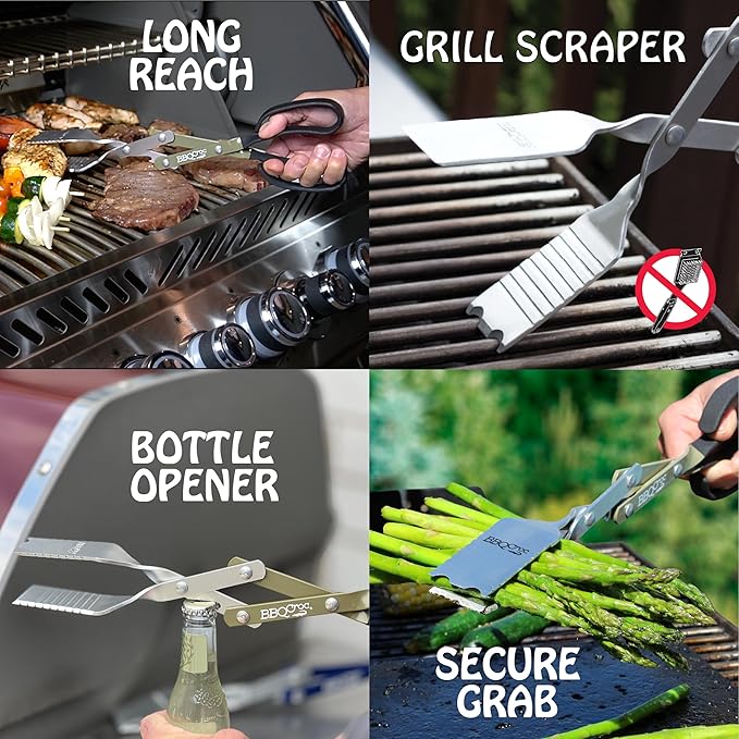 BBQ Croc 3 in 1 Barbecue Tool 15-inch - Extra Light Tongs, Spatula and Grill Scraper (Green)