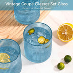 Physkoa Blue Ribbed Drinking Glasses Set of 6 – 9oz Vintage Blue Glassware, Embossed Ribbed Tumbler Cups for Iced Coffee, Water, Juice, Cocktail – Aesthetic Kitchen Glass Set