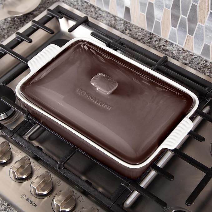ROSSALLINI Stoneware Casserole Dish Bakeware Set with Lid, Covered Rectangular Dinnerware, Extra Large 4.23 Quart, 13 by 9 Inch, Oyster