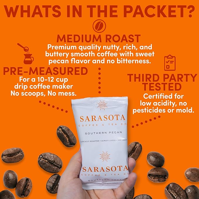 Coffee Packets – Butter Pecan Ground Packs, Gourmet Medium Roast, Low Acid 2oz Pre-Measured Bags for 12-Cup Drip Brewers, Bulk Southern Texas Pecan Single-Pot Pouches, 36 Count