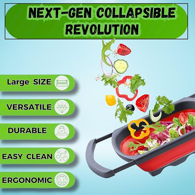 Over the Sink Collapsible Colander Strainer (5 Quart) with Extendable Handles, BPA Free Silicone Kitchen Strainer for Vegetables, Fruit & Pasta, Foldable Sink Colander Basket (1pc red)