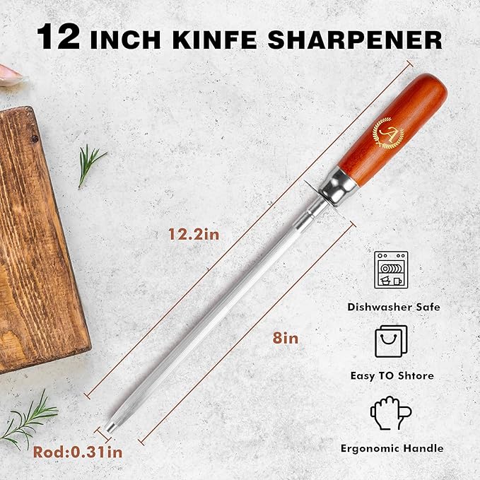 Knife Sharpener Rod, Kitchen Knives Sharpener Carbon Steel Professional Knife Sharpening Steel, Honing Rod with Hanging Holes (13 inches), A