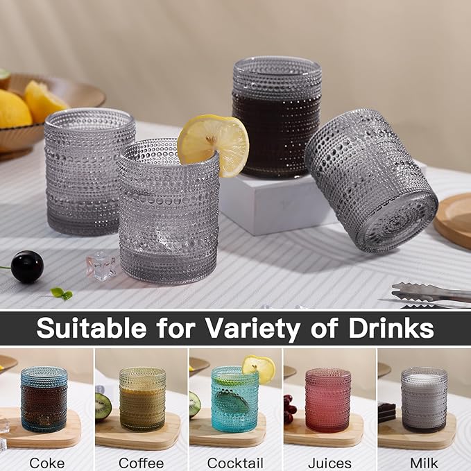 JOVGANK Grey Vintage Hobnail Drinking Glasses Set of 6, Embossed Water Tumbler 12oz, Kitchen & Bar Beaded Glass Cups, Beverage Glass Cups for Water, Beer, Juice, Housewarming and Mother's Day Gift