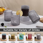 JOVGANK Grey Vintage Hobnail Drinking Glasses Set of 6, Embossed Water Tumbler 12oz, Kitchen & Bar Beaded Glass Cups, Beverage Glass Cups for Water, Beer, Juice, Housewarming and Mother's Day Gift