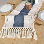 FEXIA Boho Table Decor 48 Inch Cream & Blue Macrame Runner with Tassels for Boho Dining & Bedroom Decor Rustic Bridal Shower (12x48 Inches)