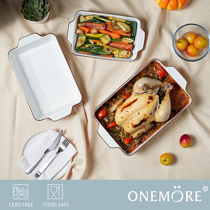 ONEMORE Casserole Dishes for Oven, Ceramic Baking Dish Set of 4, Non-Stick Lasagna Pans with Handles, Rectangular Bakeware Set for Cake, Roasting, Broiling, Gratin, Banquet, Microwave & Dishwasher Safe(3.8/2.6/1.7/1.1 Qt) (White 01)