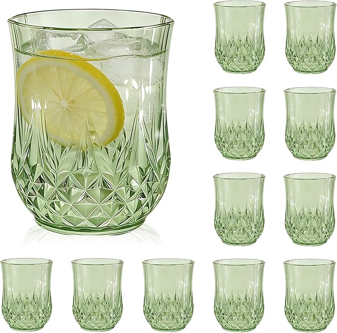 12 Pack Plastic Stemless Wine Glasses,12oz Unbreakable Vintage Elegant Drinking Glass Set,Reusable Fancy Cocktail Cups for Party, Wedding, and Bulk Events (12, 12oz-Sage Green)