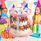 JCD 6Pcs 8.5 * 9.5inch Round clear cake boxes with Ribbon,Ideal for 7inch and 6inch Tall Layer Tiered Cakes,Multi-Layer cake boxes for Christmas Bakery Treat (Pink, Round 8.5inch/6pcs)