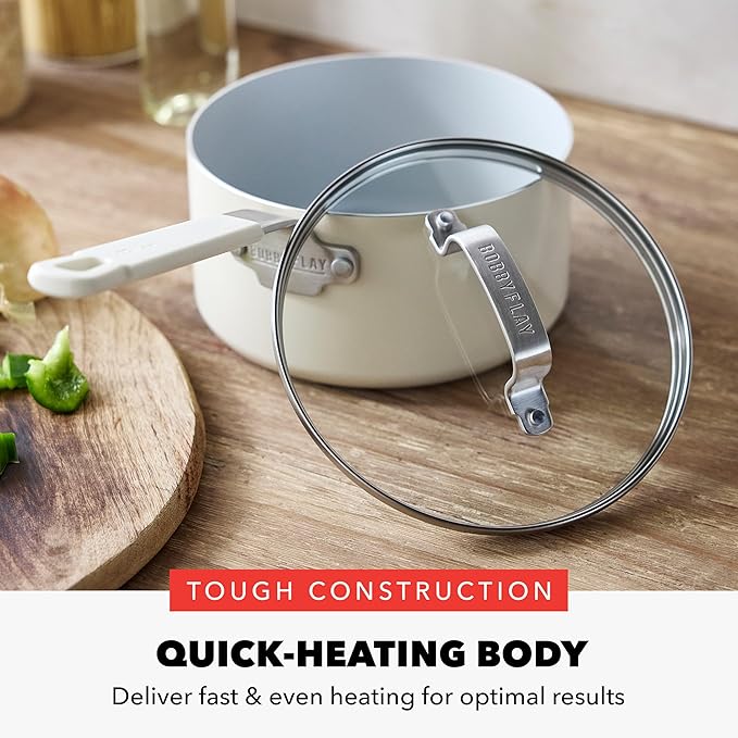 GreenPan x Bobby Flay 2.5QT Nonstick Saucepan with Glass Lid, PFAS-Free Diamond Ceramic, Induction Suitable, Stay-Cool Silicone Handle, Easy Clean Dishwasher & Oven Safe, Chef Pan, Cream