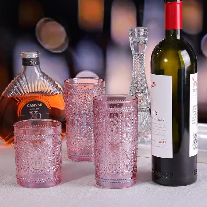 abrwyy Pink Glassware set of 4, Vintage Drinking Glasses, 10oz Pink Heavy Duty Glass Cups, Old Fashioned Glass, Embossed Glasses Set for Party Wedding Home Office Glassesware Gift