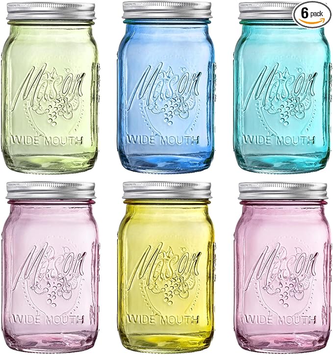 WELLIFE 6PCS 32 oz Mason Jars Wide Mouth-Vibrant Colored Glass Jars for Canning, Food Storage, Fermenting & DIY Craft. Glass Jar with Lid, Airtight & Durable
