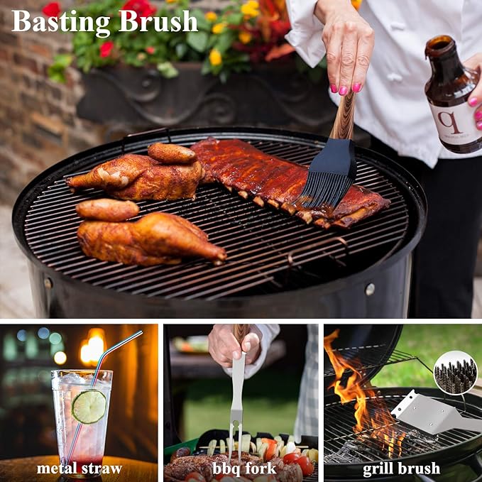ROMANTICIST 25pcs Extra Thick BBQ Grill Accessories, Christmas Grilling Gifts Set for Men Dad, Heavy Duty Grill Tools Utensils Kit with Spatula, Tongs in Aluminum Case for Birthday Brown