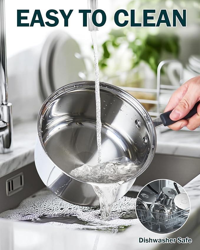 Cook N Home 2 Quart Stainless Steel Saucepan Set with Lid, Induction Compatible Milk Pots, Stay-Cool Silicone Handle, Mirror Polished 18/10 Cookware, Dishwasher & Oven Safe, Silver